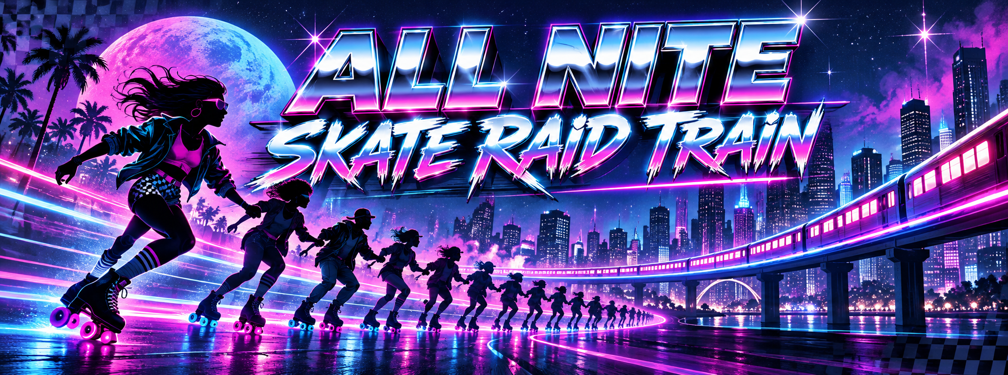All Nite Skate Raid Train banner with neon roller skaters and city skyline