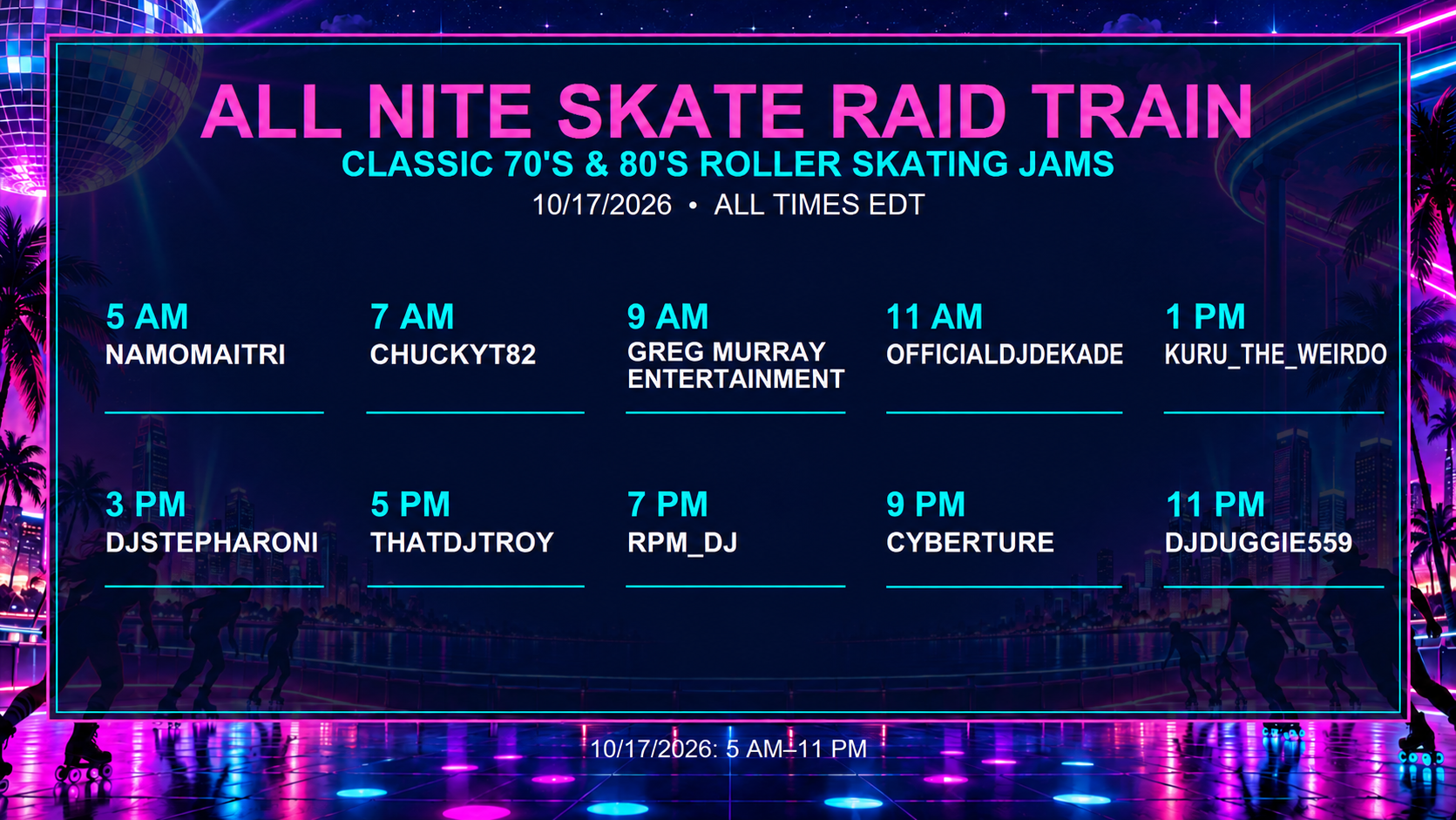 Updated All Nite Skate Raid Train flyer and lineup for October 17, 2026