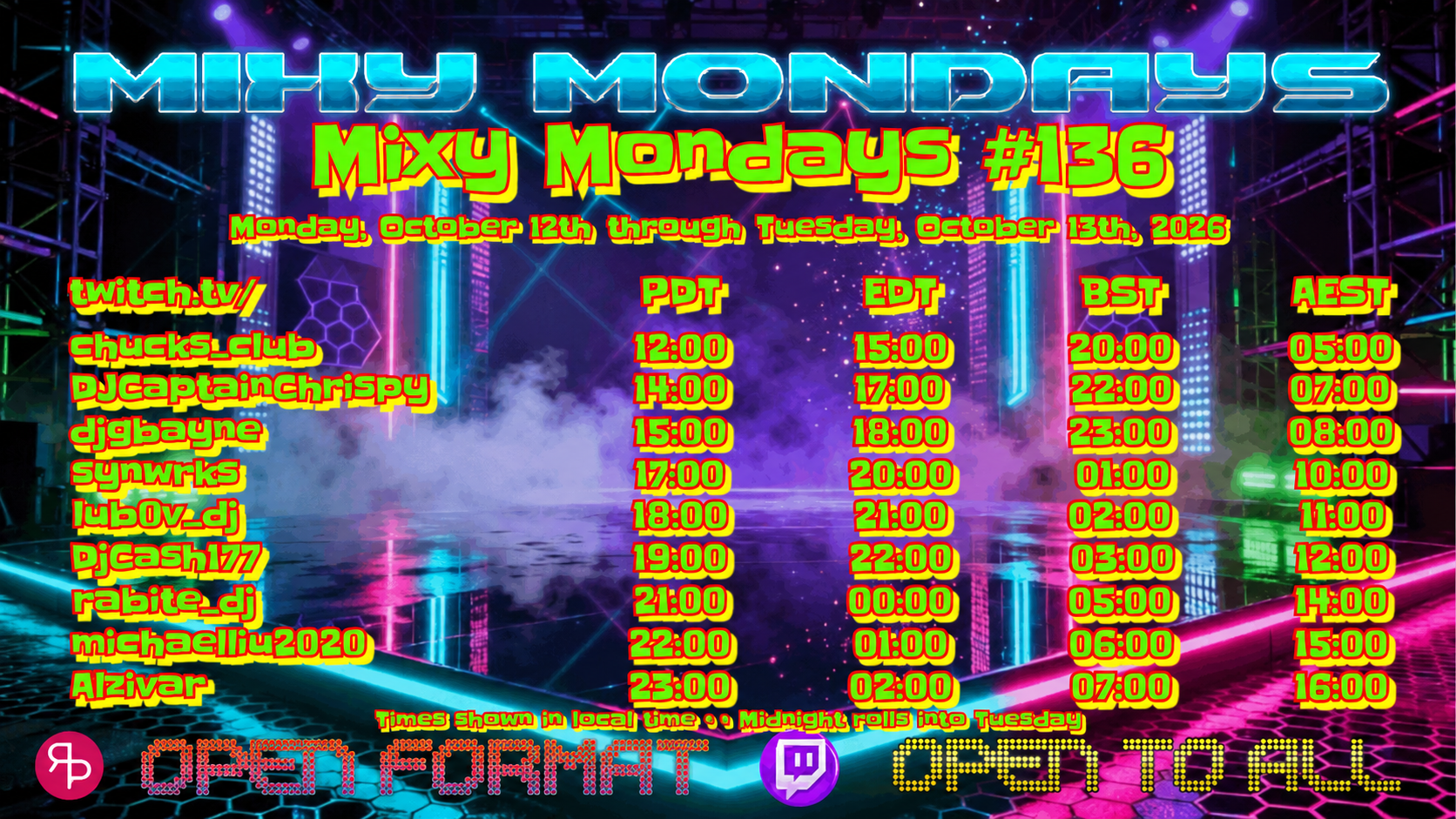 Mixy Monday number 136 lineup for October 12 and 13, 2026